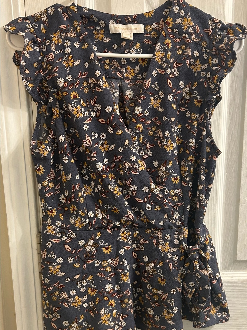 Monteau Navy Floral Wrap Tunic with Mustard & White Accents